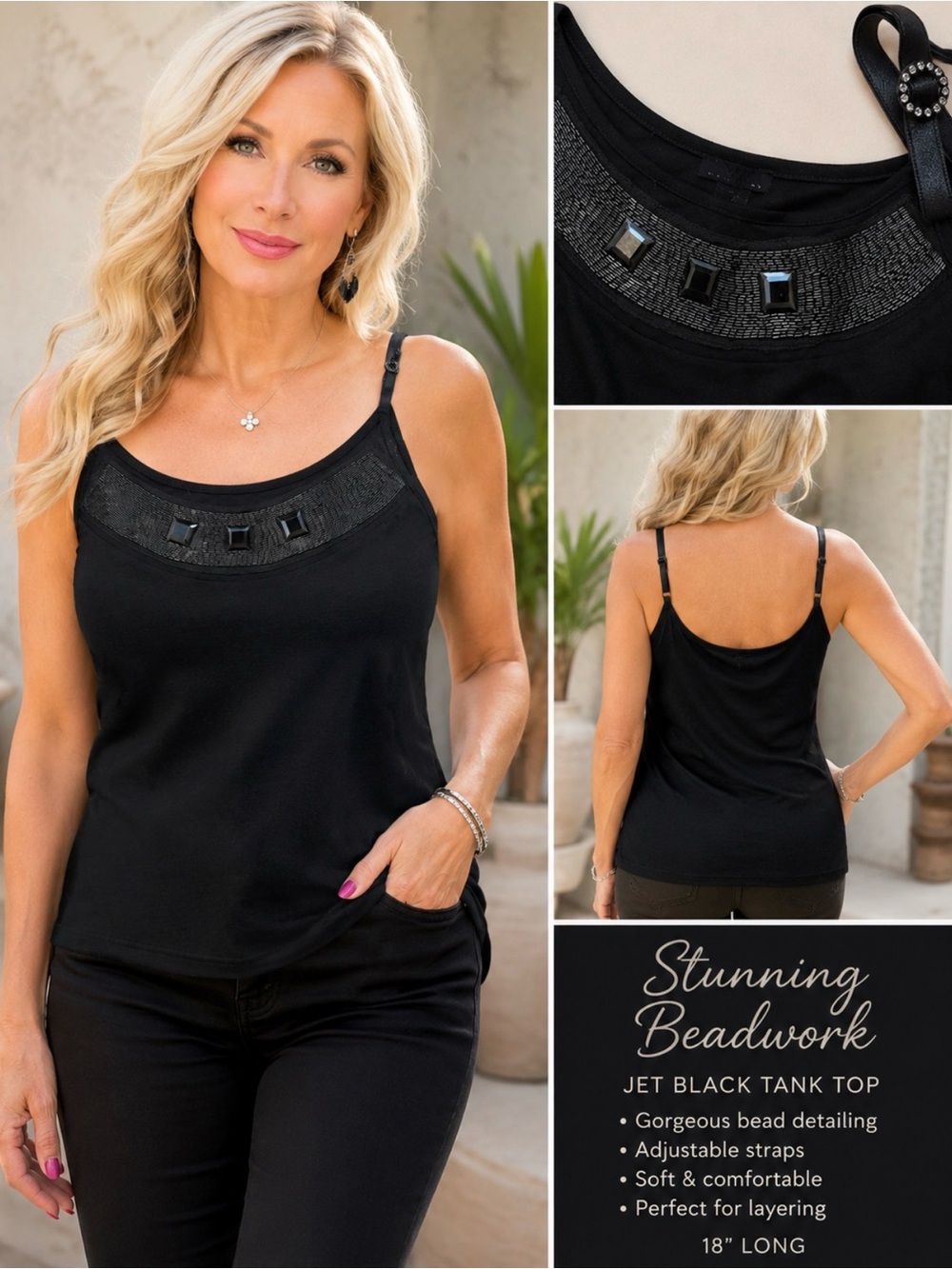Jet Black Beaded Tank Top SZ 46